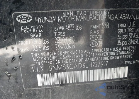 2020 Hyundai Santa Fe Sel from USA, damaged, VIN 5NMS3CAD3LH227917